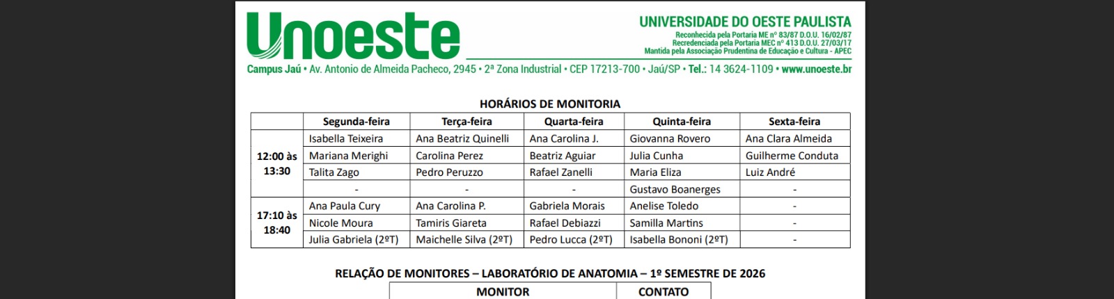 HORÁRIOS e MONITORES DE ANATOMIA